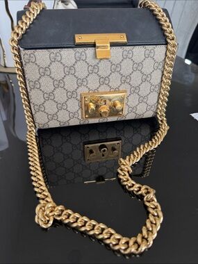 Gucci Black Leather & Beige GG Canvas Chain Crossbody Bag with Gold Hardware